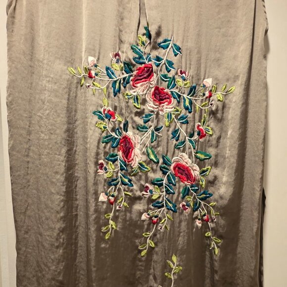 ZARA Long Floral Embroidered Satin Sleeveless Tunic Khaki Green shirt dress SM - Picture 2 of 4